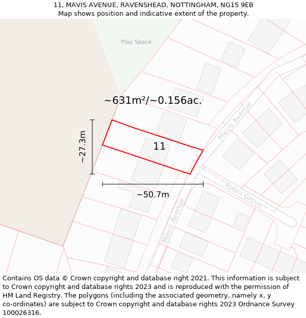 11, MAVIS AVENUE, RAVENSHEAD, NOTTINGHAM, NG15 9EB: Plot and title map