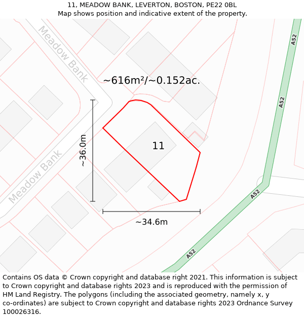 11, MEADOW BANK, LEVERTON, BOSTON, PE22 0BL: Plot and title map