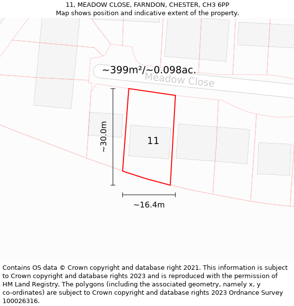 11, MEADOW CLOSE, FARNDON, CHESTER, CH3 6PP: Plot and title map