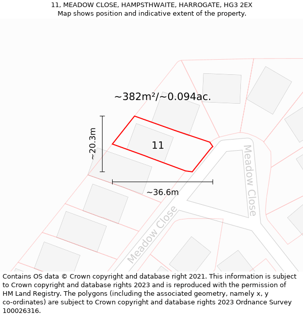 11, MEADOW CLOSE, HAMPSTHWAITE, HARROGATE, HG3 2EX: Plot and title map