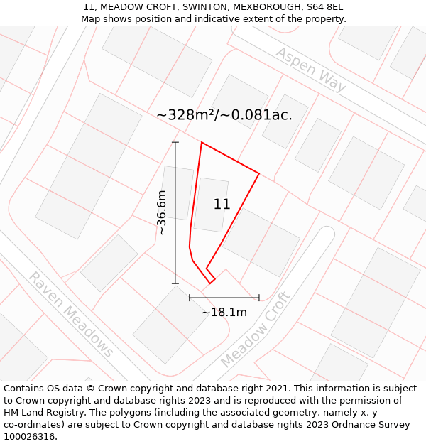 11, MEADOW CROFT, SWINTON, MEXBOROUGH, S64 8EL: Plot and title map