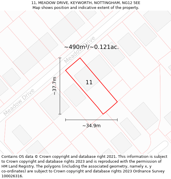 11, MEADOW DRIVE, KEYWORTH, NOTTINGHAM, NG12 5EE: Plot and title map