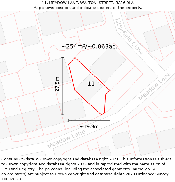 11, MEADOW LANE, WALTON, STREET, BA16 9LA: Plot and title map