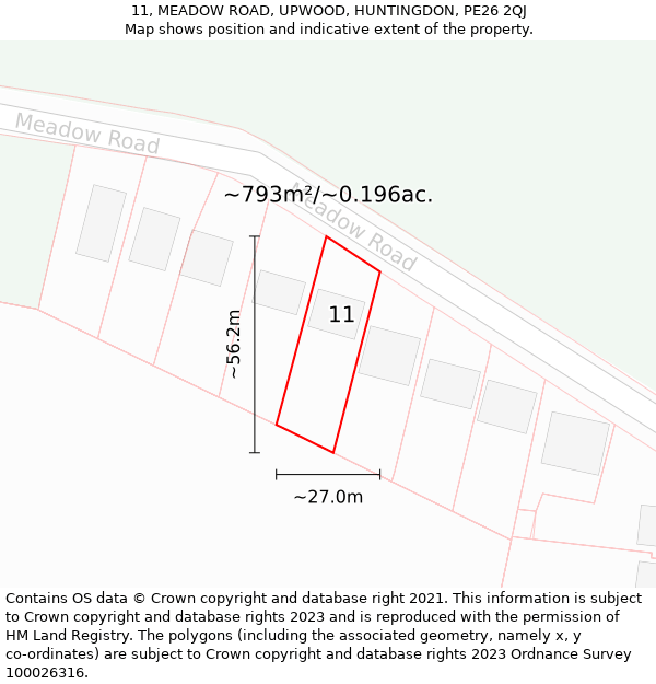 11, MEADOW ROAD, UPWOOD, HUNTINGDON, PE26 2QJ: Plot and title map