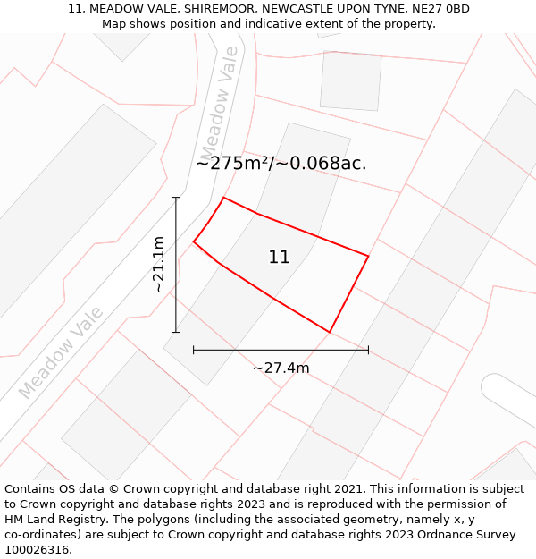 11, MEADOW VALE, SHIREMOOR, NEWCASTLE UPON TYNE, NE27 0BD: Plot and title map