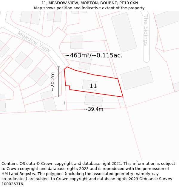 11, MEADOW VIEW, MORTON, BOURNE, PE10 0XN: Plot and title map