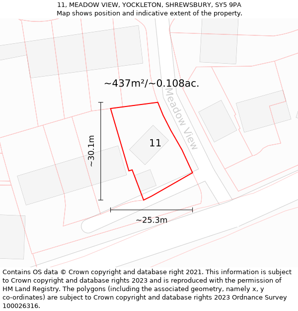 11, MEADOW VIEW, YOCKLETON, SHREWSBURY, SY5 9PA: Plot and title map