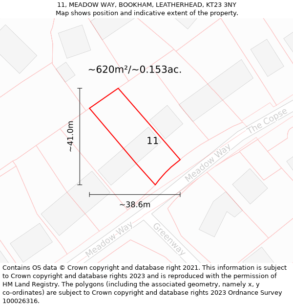 11, MEADOW WAY, BOOKHAM, LEATHERHEAD, KT23 3NY: Plot and title map