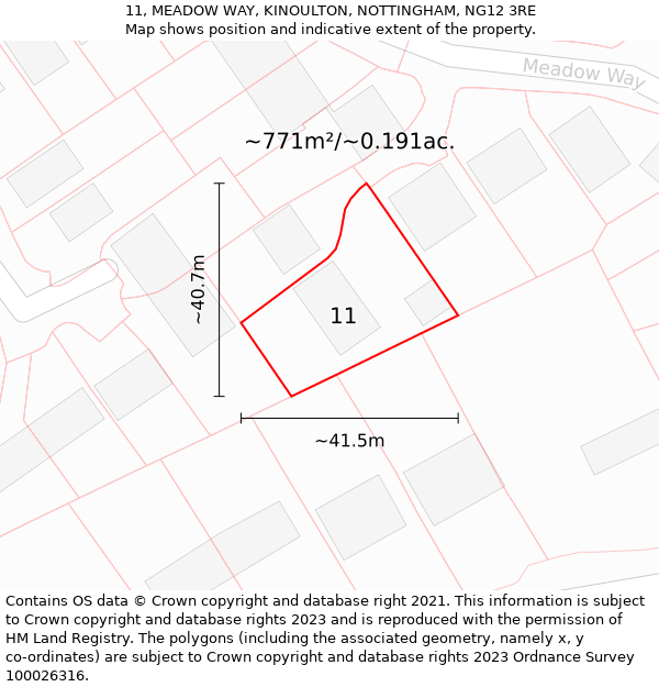 11, MEADOW WAY, KINOULTON, NOTTINGHAM, NG12 3RE: Plot and title map
