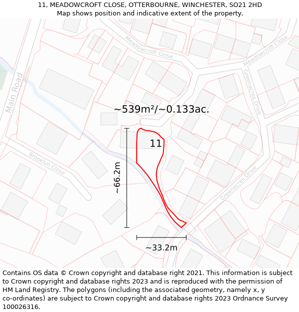 11, MEADOWCROFT CLOSE, OTTERBOURNE, WINCHESTER, SO21 2HD: Plot and title map
