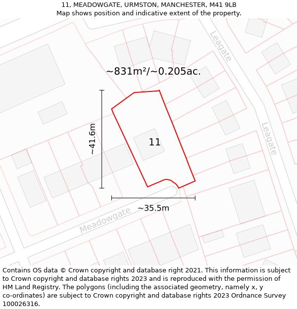 11, MEADOWGATE, URMSTON, MANCHESTER, M41 9LB: Plot and title map