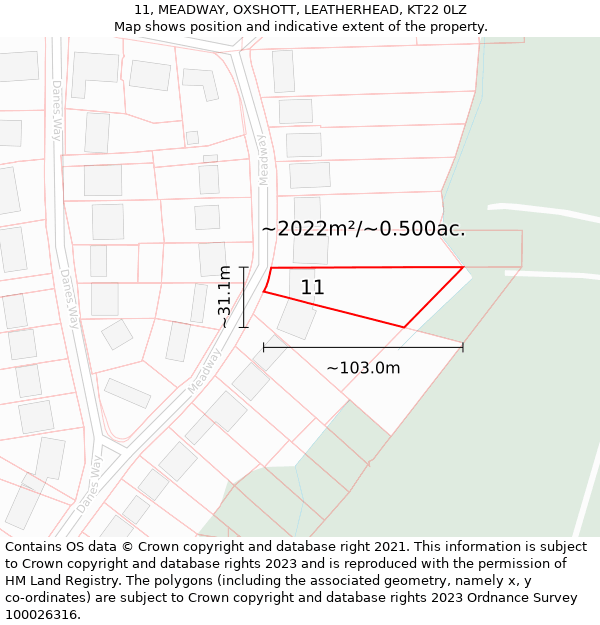 11, MEADWAY, OXSHOTT, LEATHERHEAD, KT22 0LZ: Plot and title map