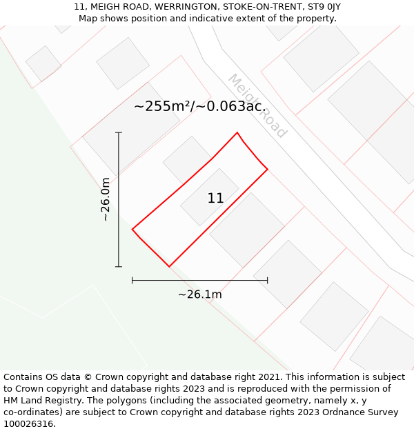 11, MEIGH ROAD, WERRINGTON, STOKE-ON-TRENT, ST9 0JY: Plot and title map