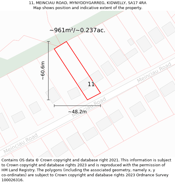 11, MEINCIAU ROAD, MYNYDDYGARREG, KIDWELLY, SA17 4RA: Plot and title map