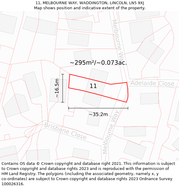 11, MELBOURNE WAY, WADDINGTON, LINCOLN, LN5 9XJ: Plot and title map