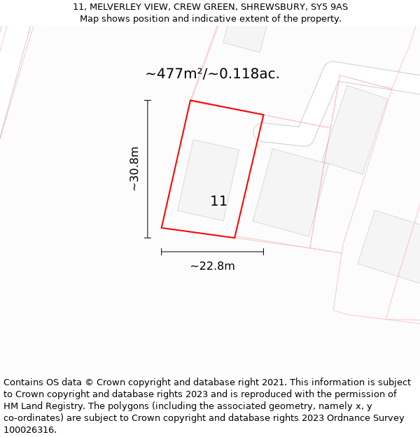 11, MELVERLEY VIEW, CREW GREEN, SHREWSBURY, SY5 9AS: Plot and title map