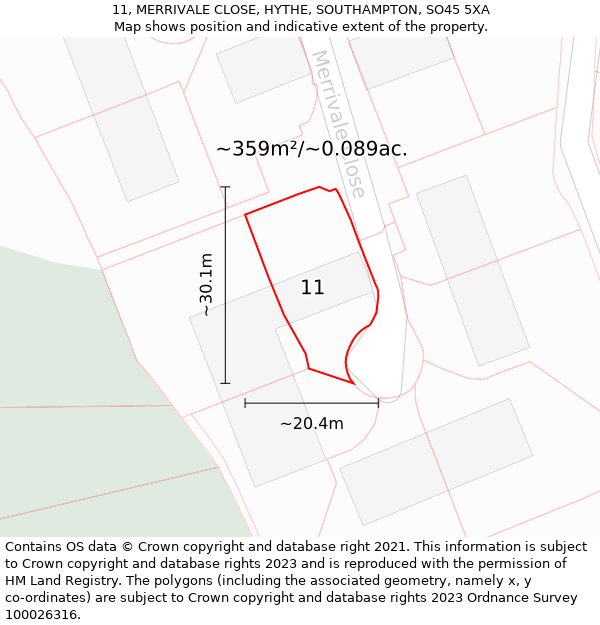 11, MERRIVALE CLOSE, HYTHE, SOUTHAMPTON, SO45 5XA: Plot and title map