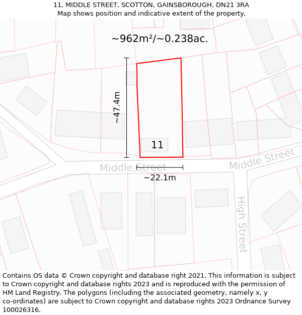 11, MIDDLE STREET, SCOTTON, GAINSBOROUGH, DN21 3RA: Plot and title map