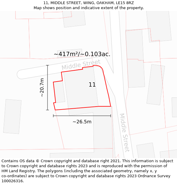 11, MIDDLE STREET, WING, OAKHAM, LE15 8RZ: Plot and title map