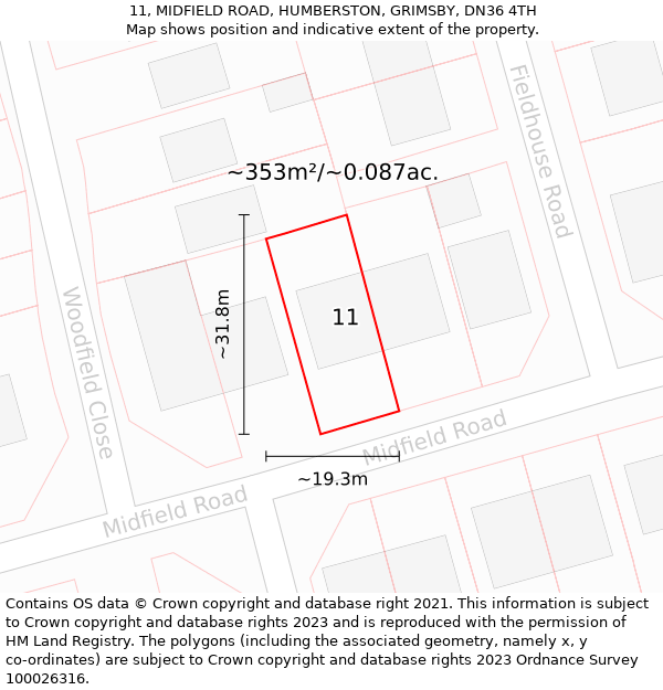 11, MIDFIELD ROAD, HUMBERSTON, GRIMSBY, DN36 4TH: Plot and title map