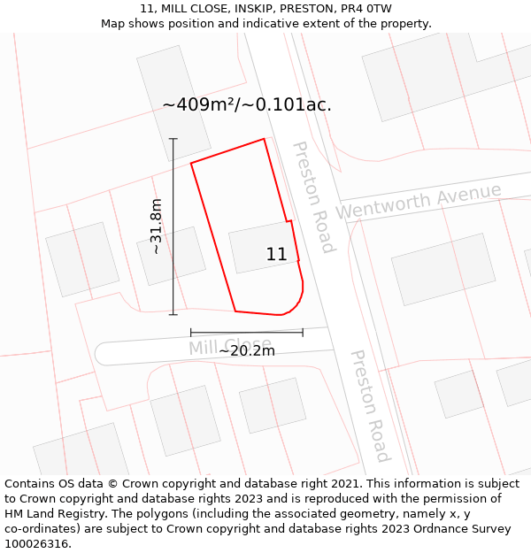 11, MILL CLOSE, INSKIP, PRESTON, PR4 0TW: Plot and title map