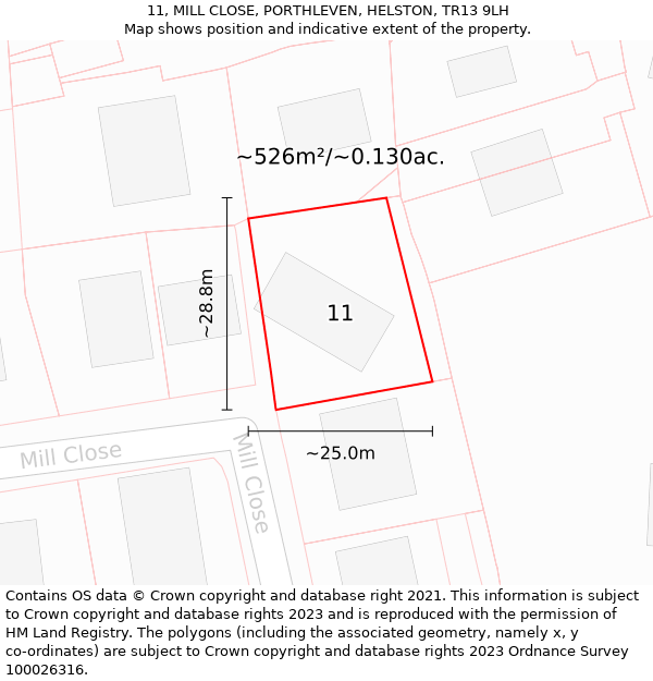 11, MILL CLOSE, PORTHLEVEN, HELSTON, TR13 9LH: Plot and title map