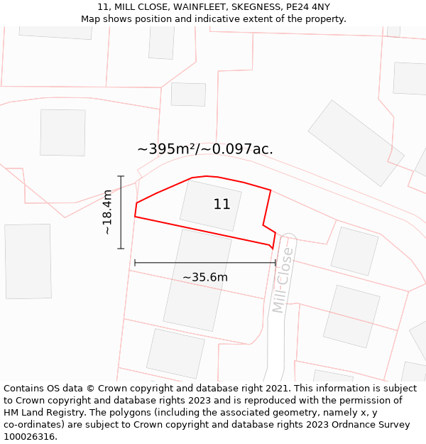 11, MILL CLOSE, WAINFLEET, SKEGNESS, PE24 4NY: Plot and title map