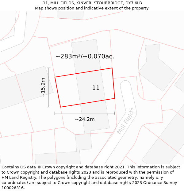 11, MILL FIELDS, KINVER, STOURBRIDGE, DY7 6LB: Plot and title map