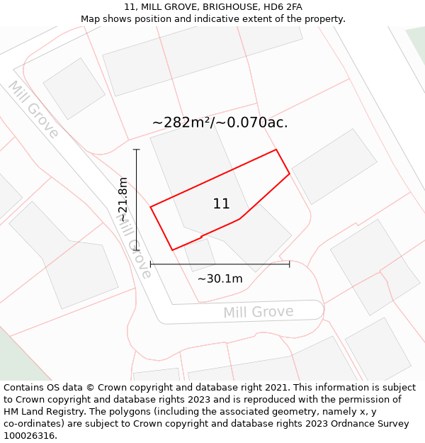 11, MILL GROVE, BRIGHOUSE, HD6 2FA: Plot and title map