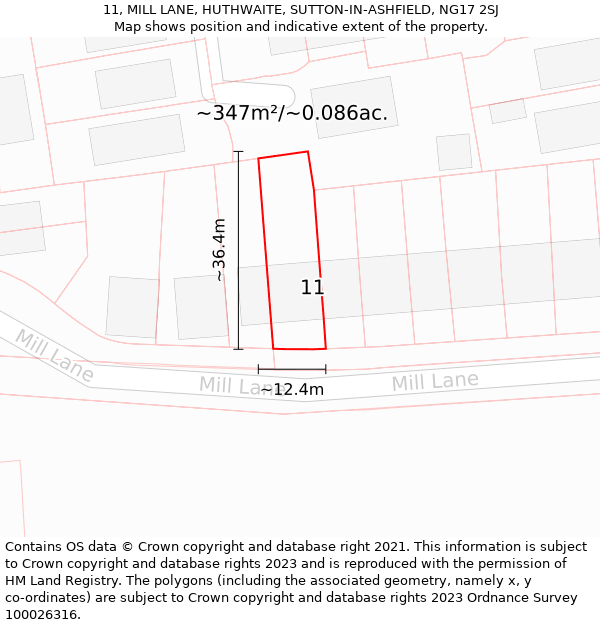 11, MILL LANE, HUTHWAITE, SUTTON-IN-ASHFIELD, NG17 2SJ: Plot and title map