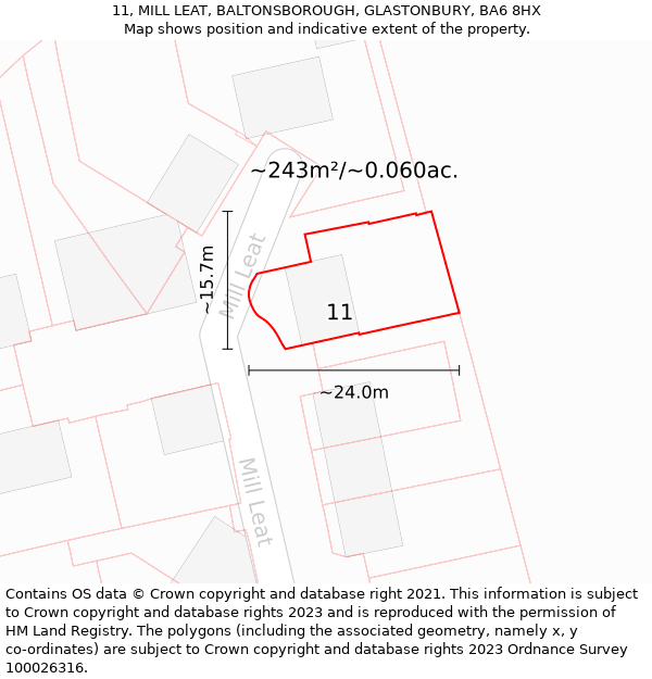 11, MILL LEAT, BALTONSBOROUGH, GLASTONBURY, BA6 8HX: Plot and title map