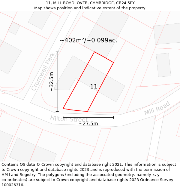 11, MILL ROAD, OVER, CAMBRIDGE, CB24 5PY: Plot and title map