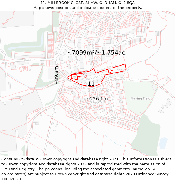 11, MILLBROOK CLOSE, SHAW, OLDHAM, OL2 8QA: Plot and title map