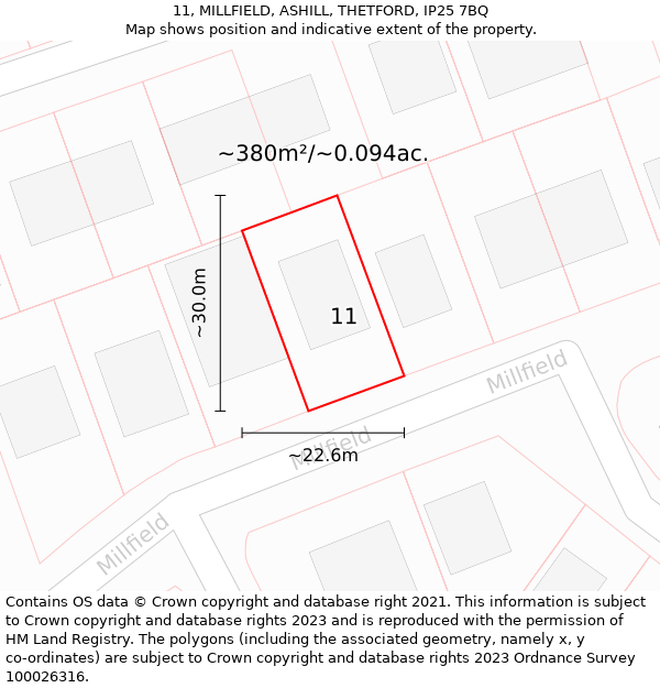 11, MILLFIELD, ASHILL, THETFORD, IP25 7BQ: Plot and title map