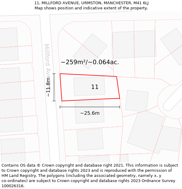 11, MILLFORD AVENUE, URMSTON, MANCHESTER, M41 6LJ: Plot and title map