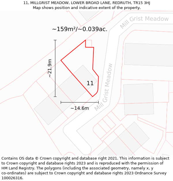 11, MILLGRIST MEADOW, LOWER BROAD LANE, REDRUTH, TR15 3HJ: Plot and title map