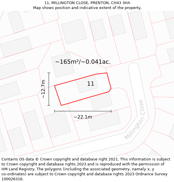 11, MILLINGTON CLOSE, PRENTON, CH43 3HA: Plot and title map