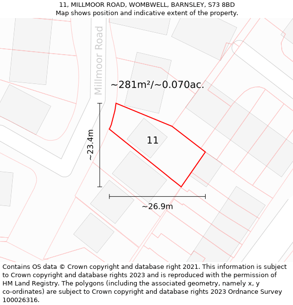 11, MILLMOOR ROAD, WOMBWELL, BARNSLEY, S73 8BD: Plot and title map