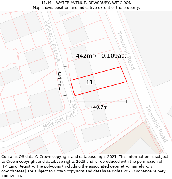 11, MILLWATER AVENUE, DEWSBURY, WF12 9QN: Plot and title map