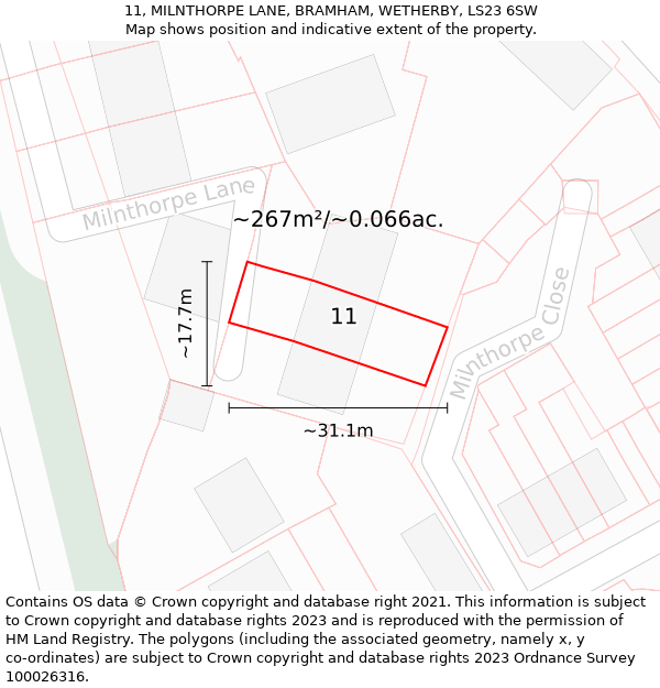 11, MILNTHORPE LANE, BRAMHAM, WETHERBY, LS23 6SW: Plot and title map