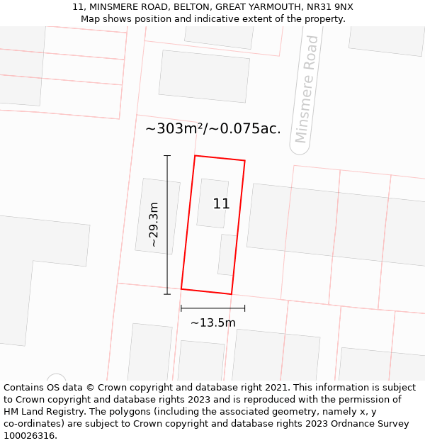 11, MINSMERE ROAD, BELTON, GREAT YARMOUTH, NR31 9NX: Plot and title map
