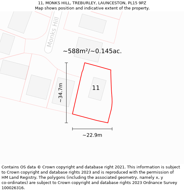 11, MONKS HILL, TREBURLEY, LAUNCESTON, PL15 9PZ: Plot and title map