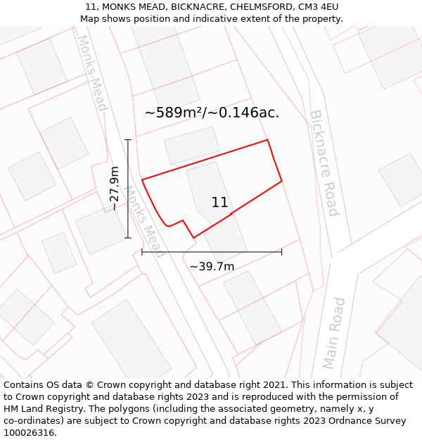 11, MONKS MEAD, BICKNACRE, CHELMSFORD, CM3 4EU: Plot and title map