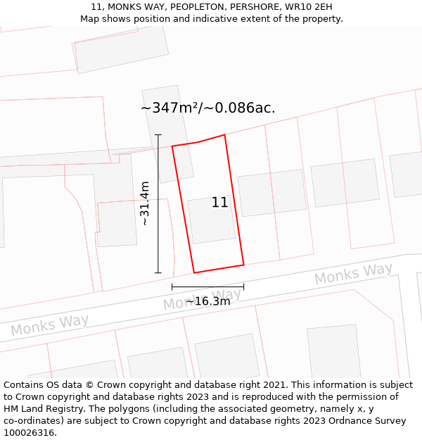 11, MONKS WAY, PEOPLETON, PERSHORE, WR10 2EH: Plot and title map