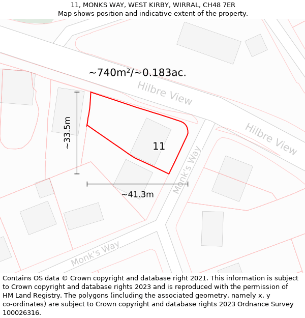 11, MONKS WAY, WEST KIRBY, WIRRAL, CH48 7ER: Plot and title map