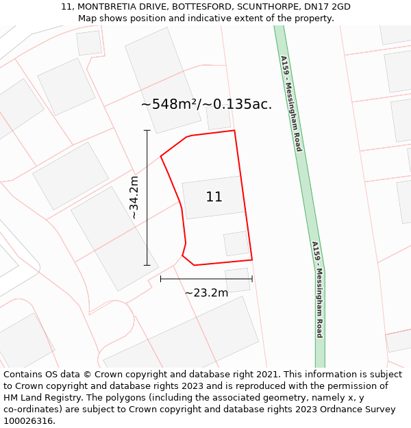 11, MONTBRETIA DRIVE, BOTTESFORD, SCUNTHORPE, DN17 2GD: Plot and title map