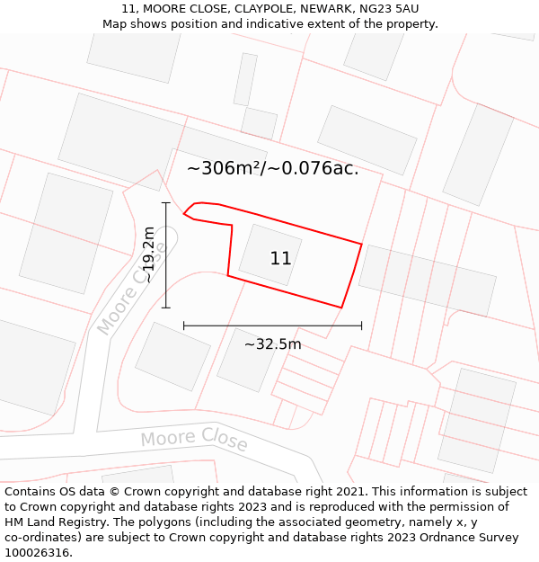 11, MOORE CLOSE, CLAYPOLE, NEWARK, NG23 5AU: Plot and title map