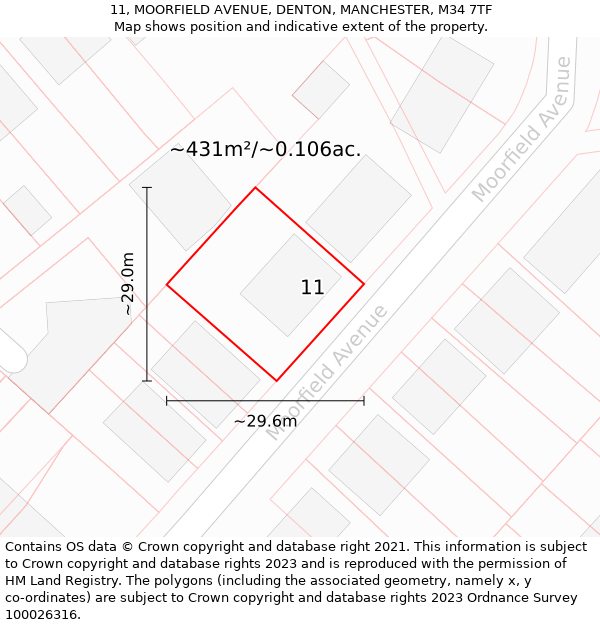 11, MOORFIELD AVENUE, DENTON, MANCHESTER, M34 7TF: Plot and title map