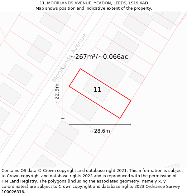 11, MOORLANDS AVENUE, YEADON, LEEDS, LS19 6AD: Plot and title map