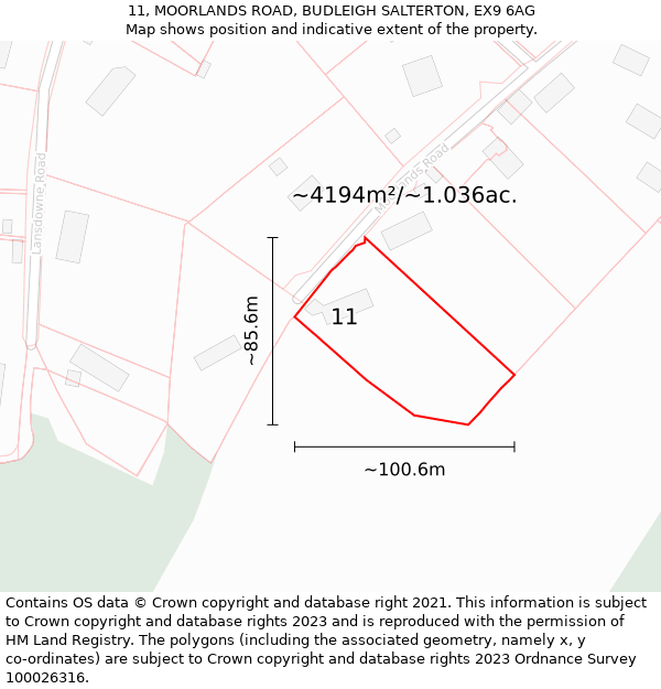 11, MOORLANDS ROAD, BUDLEIGH SALTERTON, EX9 6AG: Plot and title map